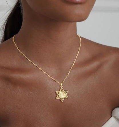 Gold Initial Necklaces for Women Dainty Pendant Letter Necklace 14K Gold Plated Jewish Star of David Religious Jewelry Personalized Gift Non Tarnish Waterproof 16.5-18.5 Inches - style: Initial L