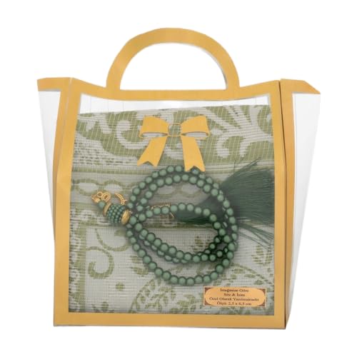 SODEF Prayer Rug and Prayer Beads Gift Set - Green - Includes Rosary and Cotton-Polyester Prayer Mat - 25.6 x 43.3 in - Packaged in Acetate Box - Appropriate Islamic Gift - Green, 26x43 inch