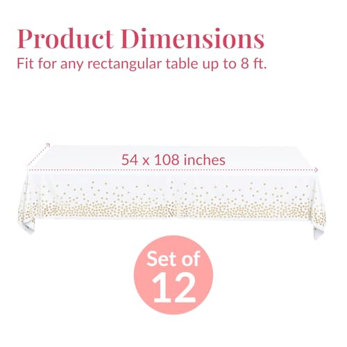 Prestee 12-Pack White and Gold Tablecloth - 54x108 Inch - Disposable Table Covers for Party, Weddings, and Holidays - Waterproof Christmas Tablecloth, Stain-Resistant Plastic Table Cover Set - color: White/Gold, size: Rectangle (12 Pack)