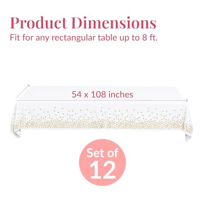 Prestee 12-Pack White and Gold Tablecloth - 54x108 Inch - Disposable Table Covers for Party, Weddings, and Holidays - Waterproof Christmas Tablecloth, Stain-Resistant Plastic Table Cover Set - color: White/Gold, size: Rectangle (12 Pack)