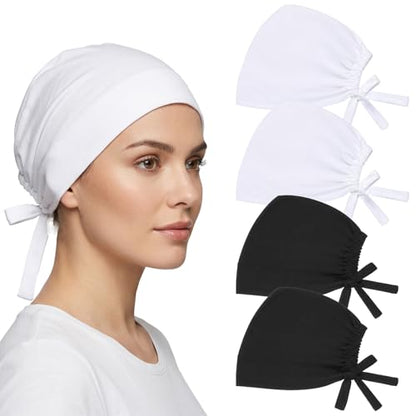 4 PCS Hijab Cap Undercap for Hijab No Slip Hijab-Scarf for Women Islamic Muslim Hijabs with Tie Adjustable for Women (Black, White)