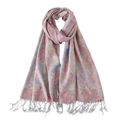 Paisley Pashmina Rave Shawl Scarf-Women's Reversible Ethnic Jacquard Pashmina Wraps for Travel - color: A#. Grey Blue Red