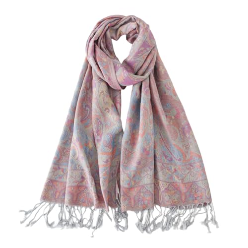 Paisley Pashmina Rave Shawl Scarf-Women's Reversible Ethnic Jacquard Pashmina Wraps for Travel - color: A#. Grey Blue Red