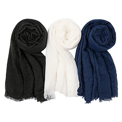 EVQ Soft Cotton Hemp Scarf Wrap Long Hijab Scarves for Women - color: Black+white+navy Blue