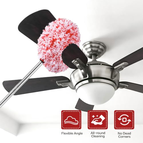 Ceiling Fan Cleaner Duster Reusable Microfiber Ceiling Fan Blade Cleaner Removable Duster with Extension Pole Adjusts 13 to 49.7 Inch for Cleaning Walls Furniture Door Window Top (Red White) - color: Red White