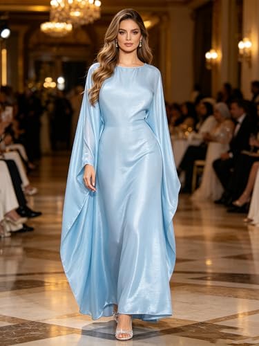 Shinsto Women Satin Prayer Dress Kaftan Robe Musulmane Femme Flashy Gown Luxury Party Wear Nightclub Outfit - color: Sky Blue, size: 2