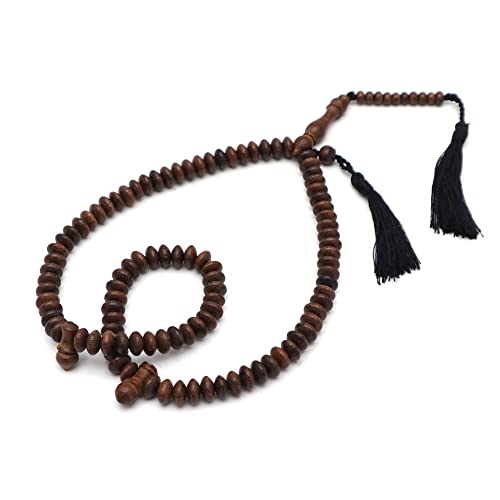 Muslim Johar Natural Wood Handmade Tasbih 10x5mm 99-Bead Flat Oval Prayer Beads Muslim Rosary
