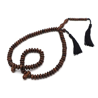 Muslim Johar Natural Wood Handmade Tasbih 10x5mm 99-Bead Flat Oval Prayer Beads Muslim Rosary