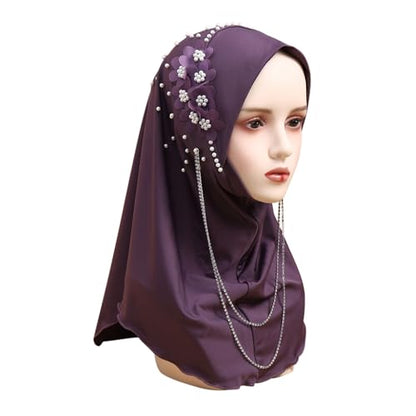 RARITYUS Women Bling Rhinestone Pearl Instant Scarf Muslim Hijab Fashion Shawl Head Wrap Turban Cap with Flower Accent - color: Purple