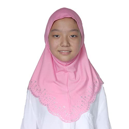 Girls Hijab with Rhinestones – Sparkly Non-Slip Amira Scarf for Kids, for Daily Prayer, School, Ramadan & Eid (Ages 4-12) - color: Pink-wavy Edge