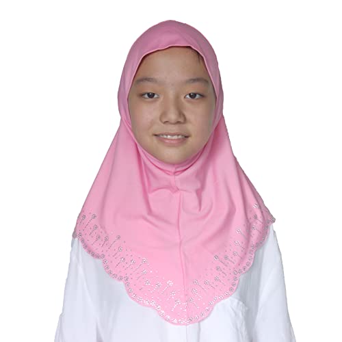Girls Hijab with Rhinestones – Sparkly Non-Slip Amira Scarf for Kids, for Daily Prayer, School, Ramadan & Eid (Ages 4-12) - color: Pink-wavy Edge