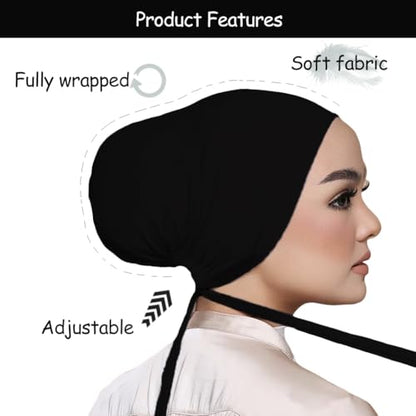 Women Under Scarf Hat Hijab Undercap Islamic Muslim Under Scarf Hijab Cap with Tie-Back Closure - color: Black+nude