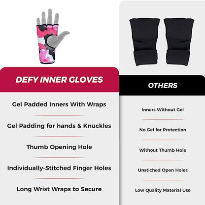 DEFY Padded Inner Gloves Quick 75cm Long Strap – Inner Boxing Gloves Gel Padded Knuckle Protection – Elasticated Boxing Hand Wraps for MMA Muay Thai Kickboxing Martial Arts Pair - color: Pink Camo, size: X-Large