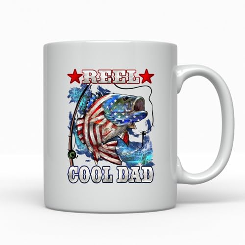 Funny Fishing Gift for Dad Mug, Reel Cool Father Coffee Cup, Patriotic Bass Angler Present, Fathers Day Idea from Kids, Birthday Surprise for Him, USA Humor Drinkware (11 oz White) - color: 11 oz White