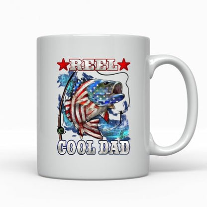 Funny Fishing Gift for Dad Mug, Reel Cool Father Coffee Cup, Patriotic Bass Angler Present, Fathers Day Idea from Kids, Birthday Surprise for Him, USA Humor Drinkware (11 oz White) - color: 11 oz White