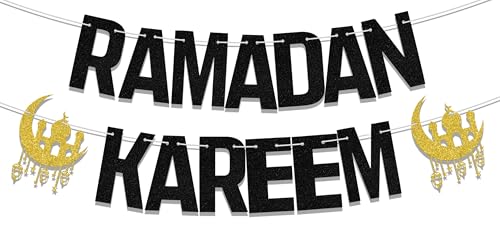 Ramadan Kareem Banner Ramadan Mubarak Decorations Happy Eid Mubarak Party Decoration Supplies Gold Glitter - color: Gold Black