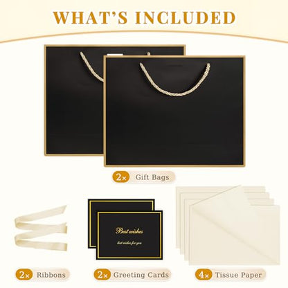ANZNKU 2PCS Black Medium Gift Bags with Handles 4 Tissue Paper 2 Ribbons 2 Cards, Gift Wrap Bags Set for Women & Men Birthday Graduation Wedding Engagement Bridal & Baby Shower Presents Party Favors - color: Luxury Black