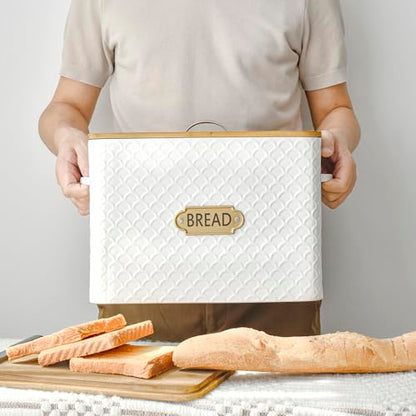 EMAX HOME Extra Large Space Saving Farmhouse Bread Box With Wood Lid - Holds 2 Loaves - Vertical Breadbox Bread Storage Bin Holder for Kitchen Countertop, White - color: Fish Scale Embossing
