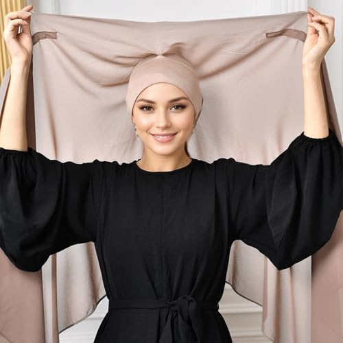 Instant Hijab Set 3-in-1 Chiffon Hijab Scarf for Women with Built-in Magnets and Undercap Head Wraps - color: Khaki