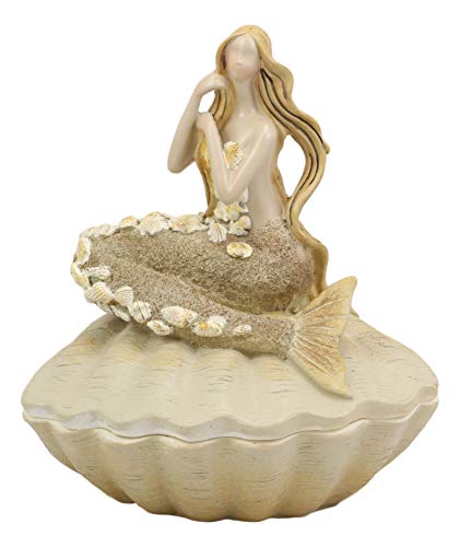 Ebros Gift Sand Brown Abstract Mermaid Sitting On Giant Sea Shell Jewelry Box Figurine With Sea Shell Ornaments 7" High Nautical Ocean Mermaids Siren Of The Seas Home And Bathroom Decorative Statue
