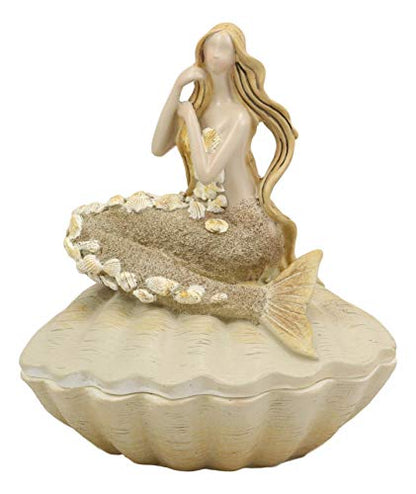 Ebros Gift Sand Brown Abstract Mermaid Sitting On Giant Sea Shell Jewelry Box Figurine With Sea Shell Ornaments 7" High Nautical Ocean Mermaids Siren Of The Seas Home And Bathroom Decorative Statue