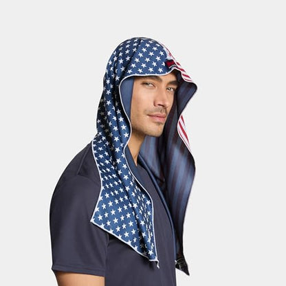 MISSION Cooling Hoodie Towel, Evaporative Cool Technology, Cools Instantly When Wet, UPF 50 Sun Protection, Contours Your Head to Stay in Place, Great for Sports, Fitness, Gym - color: Usa Flag