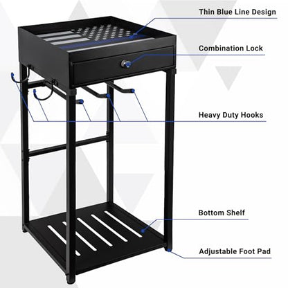 Neoaider Police Gear Rack, Police Hanger with Hooks | Tactical Duty Gear Rack Decor with Thin Blue Line Flag, Black Body Armor Stand for Police Gift - size: Police Gear Stand w/Combination Lock