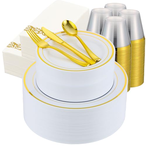 700 PCS Gold Plastic Dinnerware for 100 Guests, Gold and White Disposable Plates include 100 Dinner Plates,100 Dessert Plates,100 Silverware Set,100 Cups,100 Napkins - color: Gold, size: 100 Guests