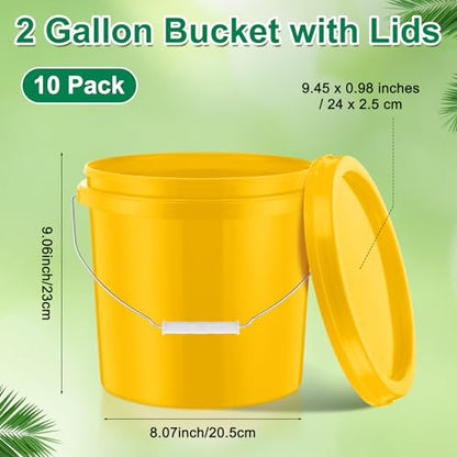 Tioncy 10 Pcs 2 Gallon Plastic Buckets with Lids and Handles,Yellow | Storage Pails for Paint, Cleaning, Organizing, Durable Containers, Metal Handles, Plastic Material - color: Yellow