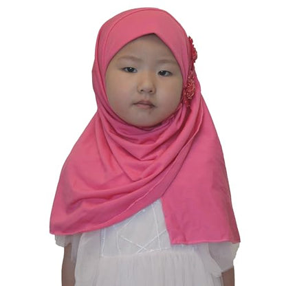 Soft Instant Hijab for Kids Girls Muslim Headscarf Islamic Scarf Shawl Wrap with Flowers - color: Rose Red-2 Flowers