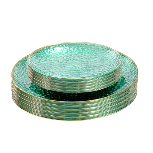 SUT 36Pcs Green Plastic Plates, Hammered Plates Disposable Heavy Duty, Green Disposable Plates With Gold Rim, Fancy Plastic plates Include 18 Dinner and 18 Dessert plates for Party - color: Green, size: 36PCS
