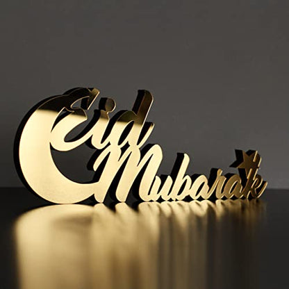 IWA Concept | Wooden Acrylic Islamic Tabletop Decors | Ramadan Kareem and Eid Mubarak Decoration | Islamic Muslim Gifts | Ramadan Eid Decoration | (Eid Mubarak-2, Gold)