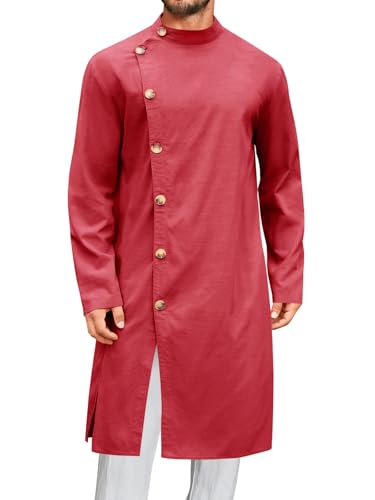 Runcati Mens Kaftan Thobe Button Down Long Sleeve Robe Casual Henley Shirt Cotton Muslim Gown Kurta Tops - color: Burgundy, size: Large