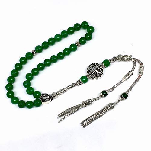 Design - Long & Stylist Tassels Worry Beads - Prayer Beads (8 mm-33 Beads) Tesbih-Tasbih-Tasbeeh-Misbaha-Subha-Sebha-Sibha-Rosary (Green Jade Natural Stone) - color: Green Jade Natural Stone