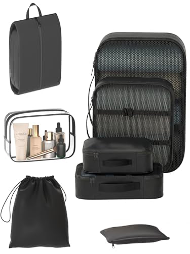 8 Set Packing Cubes for Travel with Clear Toiletry Bag, Durable Luggage Packing Organizers for Suitcase, Carry-On Accessories, TSA Approved See-Through Cubes, Space-Saving Storage Bags - color: Black
