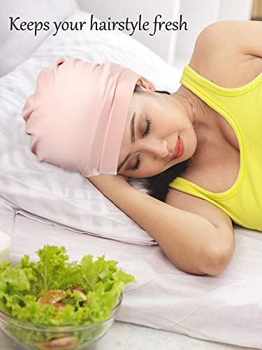 SATINIOR 4 Pieces Satin Lined Sleep Cap Silk Bonnet for Sleeping Women, Silk Hair Wrap Slouch Beanie Hat - color: Black, Grey, Dark Blue, Pink