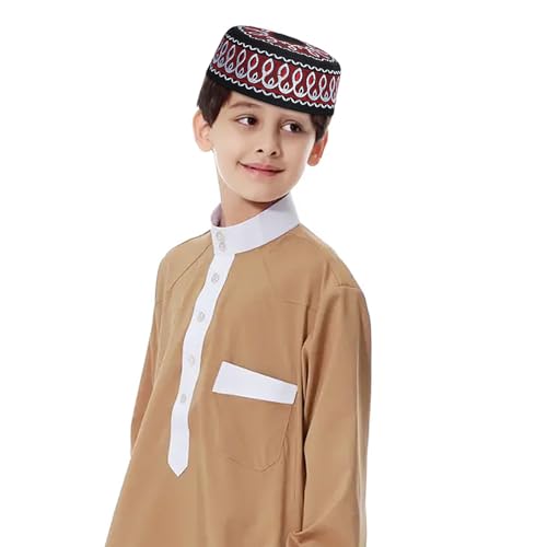 RUIXIA Men Boys Muslim Prayer Kufi Hat Skull Cap Embroidery Islam Kufi Headware takke Praying Beanie Hat Kofia Topi Hat - color: Wine Red--kids 7-10yrs