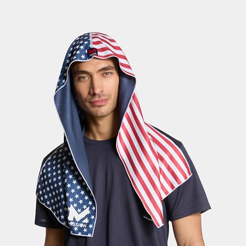 MISSION Cooling Hoodie Towel, Evaporative Cool Technology, Cools Instantly When Wet, UPF 50 Sun Protection, Contours Your Head to Stay in Place, Great for Sports, Fitness, Gym - color: Usa Flag