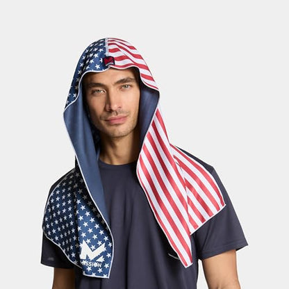 MISSION Cooling Hoodie Towel, Evaporative Cool Technology, Cools Instantly When Wet, UPF 50 Sun Protection, Contours Your Head to Stay in Place, Great for Sports, Fitness, Gym - color: Usa Flag