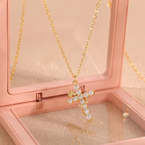 Robaice Upgraded Crown Cross Necklace for Women, 14K Gold Plated - color: C Flower Cross, Gold