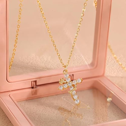 Robaice Upgraded Crown Cross Necklace for Women, 14K Gold Plated - color: C Flower Cross, Gold