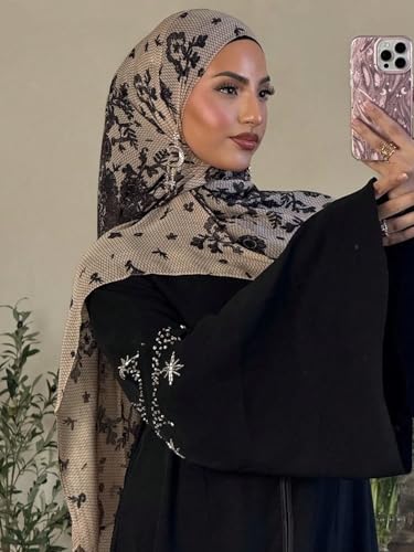 ZGMYC Watercolour Floral Printed Hijab Scarf for Women Soft Modal Cotton Instant Hijab Head Wraps Shawls Long Scarves - color: Khaki & Black Lace