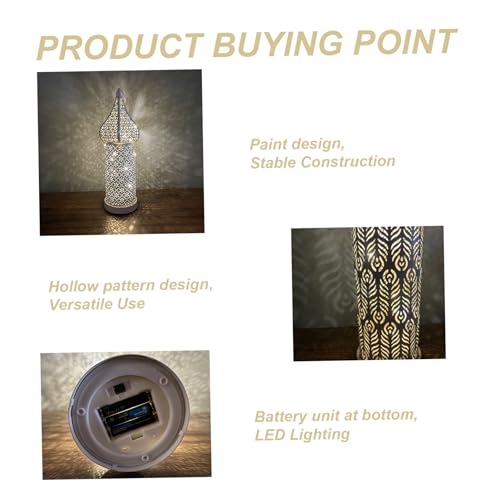 Moroccan Lantern Hollow White LED Wind Lamp Wrought Iron Decorative Ramadan Lantern for Hanging or Table Home, No Battery
