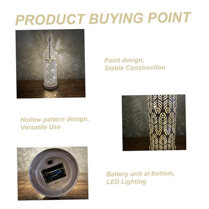 Moroccan Lantern Hollow White LED Wind Lamp Wrought Iron Decorative Ramadan Lantern for Hanging or Table Home, No Battery