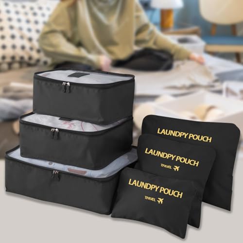 Packing Cubes 6 Set Travel Essentials for Carry on Luggage Organizers Suitcase Travel Accessories (Blcak) - color: Black