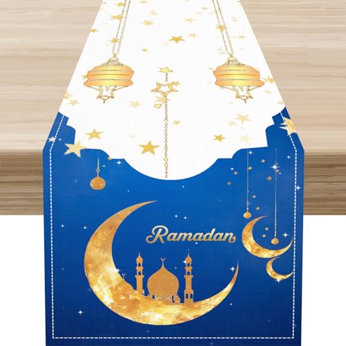Ramadan Table Runner,Vintage Golden Lantern Moon Mosque Muslim Islamic Eid Mubarak Table Center Decor for Kitchen Family Holiday Party Indoor Outdoor, 13"x36" - color: Ramadan-4, size: 13"X36"