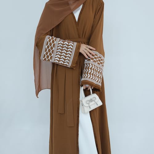 Muslim Abayas for Women Long Sleeve Embroidered Open Front Cardigan Turkey Dubai Maxi Kaftan Dress Ramadan Kimono with Belt - color: Coffee, size: X-Large