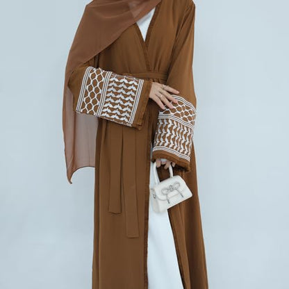 Muslim Abayas for Women Long Sleeve Embroidered Open Front Cardigan Turkey Dubai Maxi Kaftan Dress Ramadan Kimono with Belt - color: Coffee, size: Small