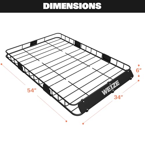 WEIZE 54" x 34" Heavy Duty Roof Rack Basket, 200LBS Universal Rooftop Cargo Basket with Waterproof Bag, Cargo Net & Tie Down Straps, Steel Luggage Holder for Car SUV Truck - size: 54" x 34" x 6"