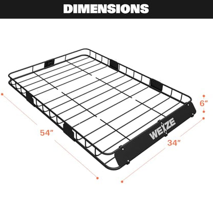 WEIZE 54" x 34" Heavy Duty Roof Rack Basket, 200LBS Universal Rooftop Cargo Basket with Waterproof Bag, Cargo Net & Tie Down Straps, Steel Luggage Holder for Car SUV Truck - size: 54" x 34" x 6"